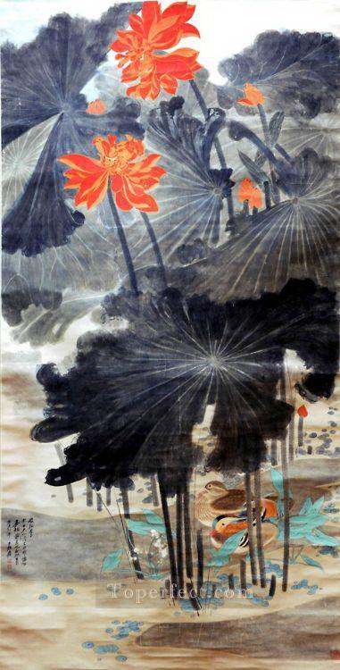 chang dai chien loto y patos mandarines 1947 tinta china antigua Pintura al óleo